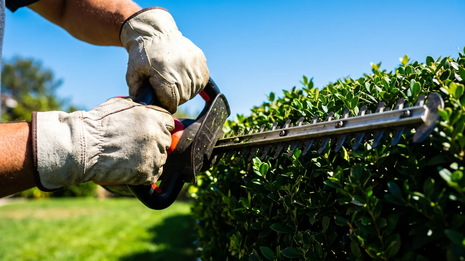 A landscaping crew trimming a hedge in Santa Ana, CA